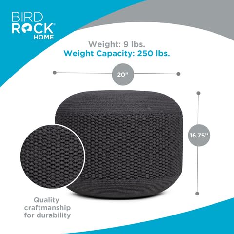 BIRDROCK HOME Outdoor Pouf Ottoman | Hand Woven Waterproof Foot Stool with Bead Bag Filling | Boho Foot Rest for Patio, Living Room, Porch & Outdoor Seating | Lightweight, Soft Stuffed Chair | Grey