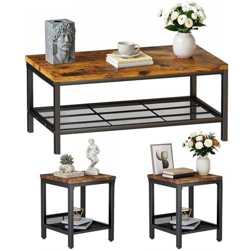 OFFWIN Coffee Table Set of 3,Industrial Coffee Table and 2 End Side Tables,Easy Assembly Coffee and End Tables Sets with Metal Legs, for Office, Living Room and Apartment (Brown)