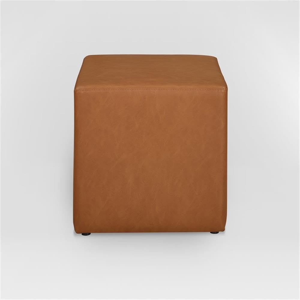 Studio Living Warren 18" Cube Ottoman, Urban Transitional, Fully Assembled, Vegan Leather Fabric, Carmel