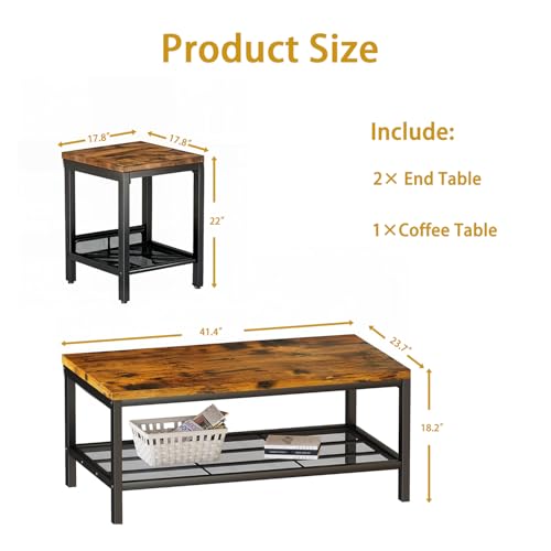 OFFWIN Coffee Table Set of 3,Industrial Coffee Table and 2 End Side Tables,Easy Assembly Coffee and End Tables Sets with Metal Legs, for Office, Living Room and Apartment (Brown)