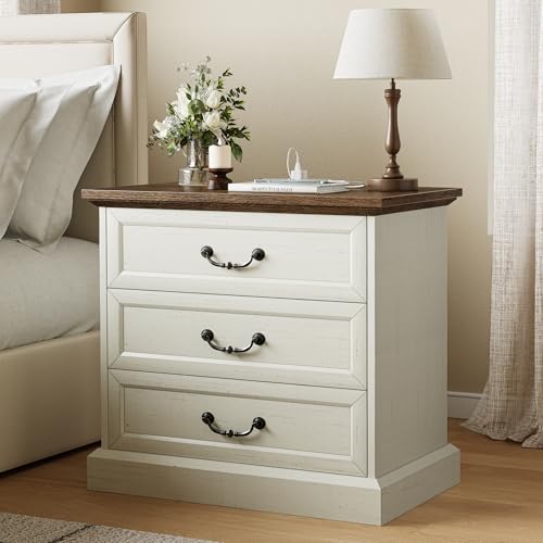 Farmhouse Nightstand with Charging Station & 3 Drawers