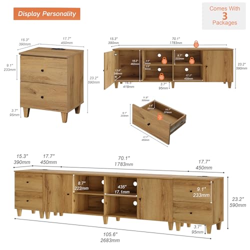 WAMPAT 3-in-1 TV Stand w/Doors&Charging Station, 105" Modern Wood Entertainment Center Media Console for 110+ inch TVs, TV Cabinet w/Shelves&4 Drawers for Living Room, Bedroom, Oak Brown