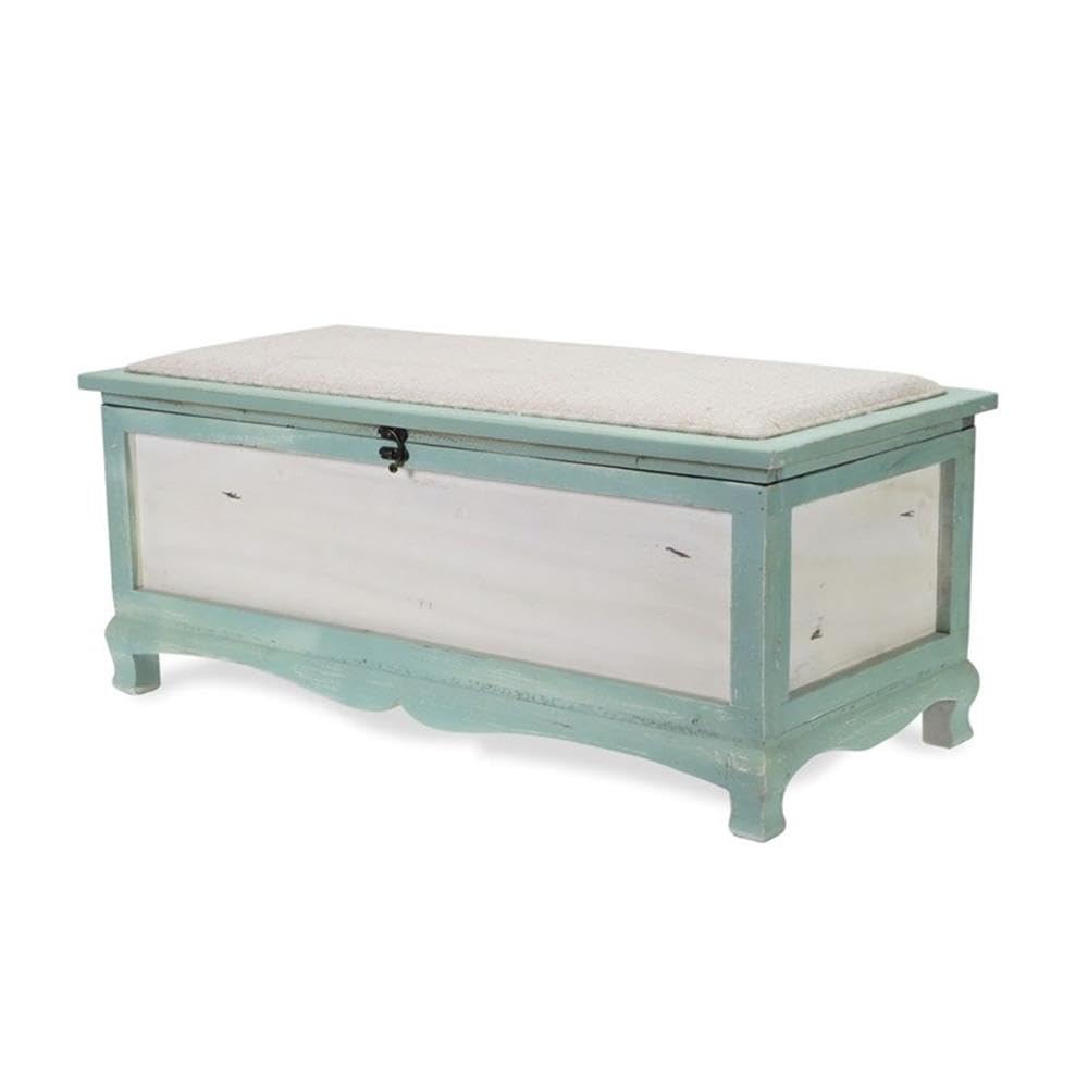 Pemberly Row Shabby-Chic Wood Bench Chest, Seafoam Green & Off White Finish, Cushioned Seat with Hinged Lift-Up Storage, Handcrafted Bedroom or Entryway Seating Organizer, Fully Assembled