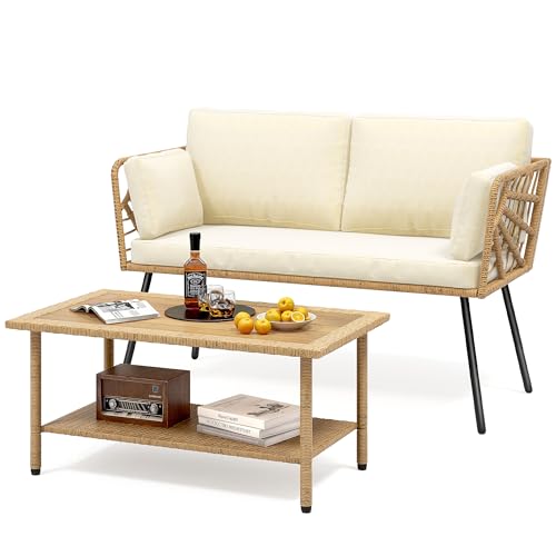Wicker Rattan Patio Loveseat Set with Cushions & Side Table