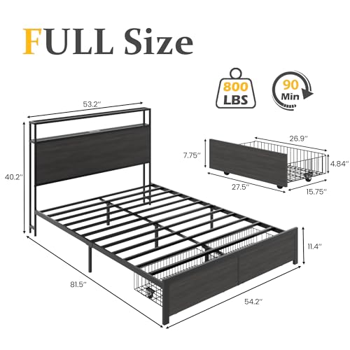 Lifezone Full Bed Frame with 2-Tier Storage Headboard, Metal Bed Frame with Storage Drawers & Built-in Charging Station & LED, Noise-Free, No Box Spring Needed, Easy Assembly, Rustic Grey