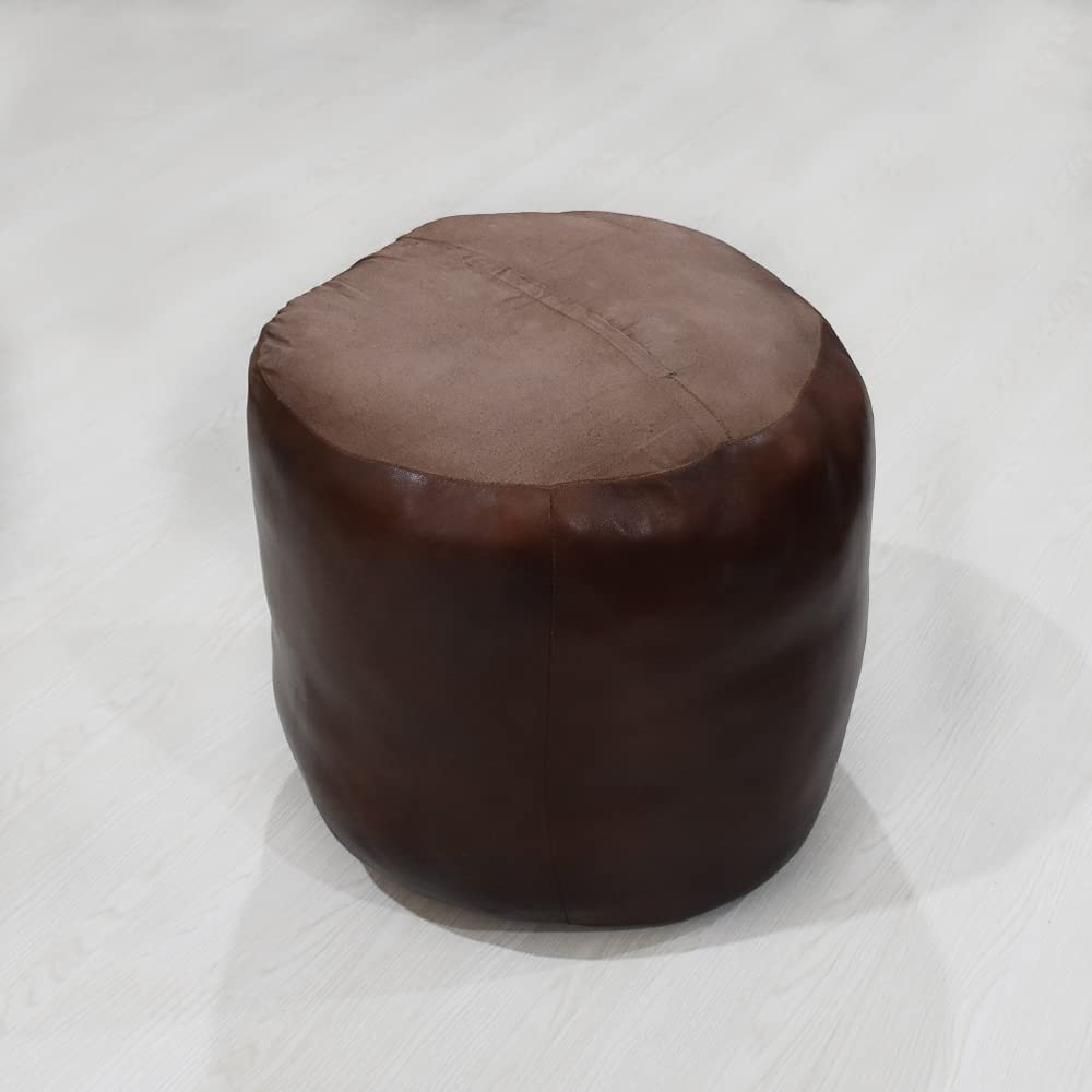 Round Brown Leather Pouf