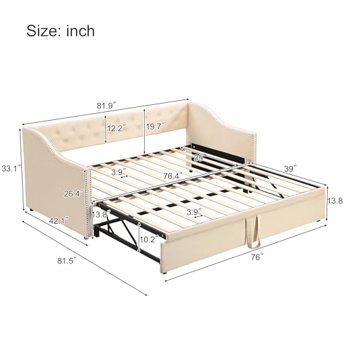 Merax Twin Size Upholstered Velvet Daybed with Pop Up Trundle, Multi-Functional Sofa Bed with Backrest and Two Armrest for Kids Room, Guest Room, Living Room,Beige