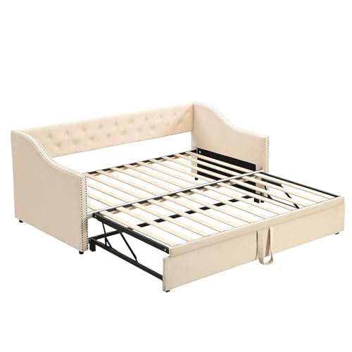 Merax Twin Size Upholstered Velvet Daybed with Pop Up Trundle, Multi-Functional Sofa Bed with Backrest and Two Armrest for Kids Room, Guest Room, Living Room,Beige