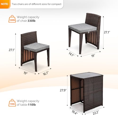 Bonnlo 3 PCS Wicker Outdoor Patio Bistro Set, Patio Furniture Set for Small Space with Glass Top Table Dining Chairs, Balcony Furniture Patio Table and Chairs Set of 2 for Garden Yard Porch (Brown)