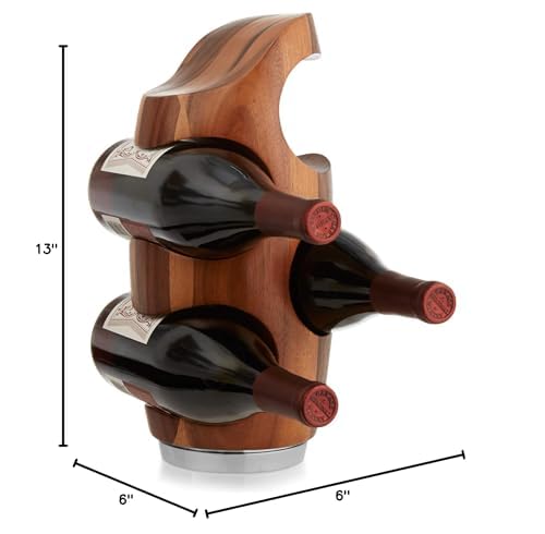 nambe Vie Wine Rack | Countertop Wine Rack 4 Bottle | Wine Bottle Holder for Bar Table and Wine Cabinet | Freestanding Wine Holder | Made of Nambé Alloy and Acacia Wood | 6” D x 13” H