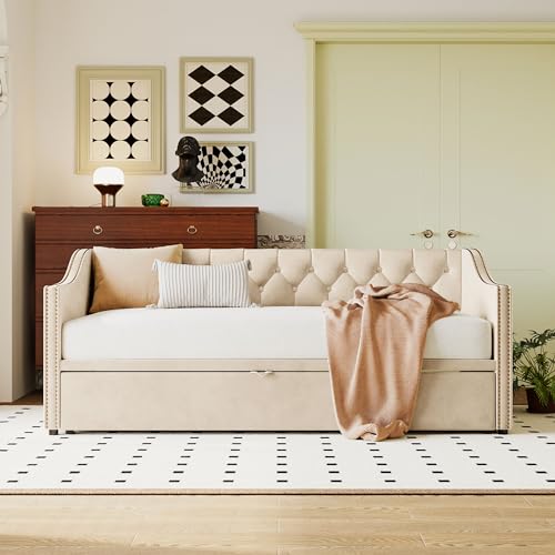 Merax Twin Size Upholstered Velvet Daybed with Pop Up Trundle, Multi-Functional Sofa Bed with Backrest and Two Armrest for Kids Room, Guest Room, Living Room,Beige
