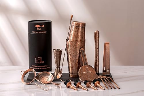 Sky Fish 3D Etched 18-Piece Bartender Kit Stainless Steel Boston Cocktail Shaker Set Copper Plated Bartending Tools Suit for Bar Tools Set Mixology Enthusiasts, Professional Bartenders and Home Drink