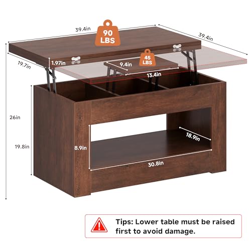 UNIQUITE 40" Lift Top Coffee Table, 4 in 1 Multi-Function Lift Coffee Table with Storage and Hidden Compartment, Convertible Coffee Tables to Dining Table for Living Room, Walnut