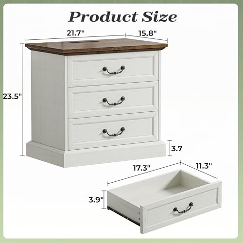 Farmhouse Nightstand with Charging Station & 3 Drawers