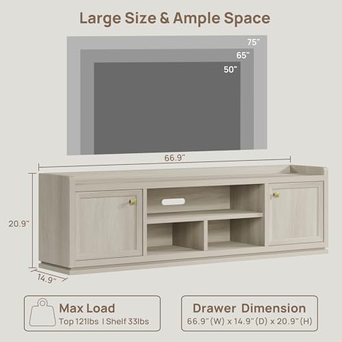 67" Fluted TV Stand with Cabinet & Open Shelves