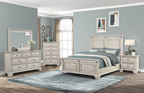 Roundhill Furniture Renova Distressed Parchment Wood Bedroom Set, Queen Panel Bed, Dresser, Mirror, Nightstand, Chest