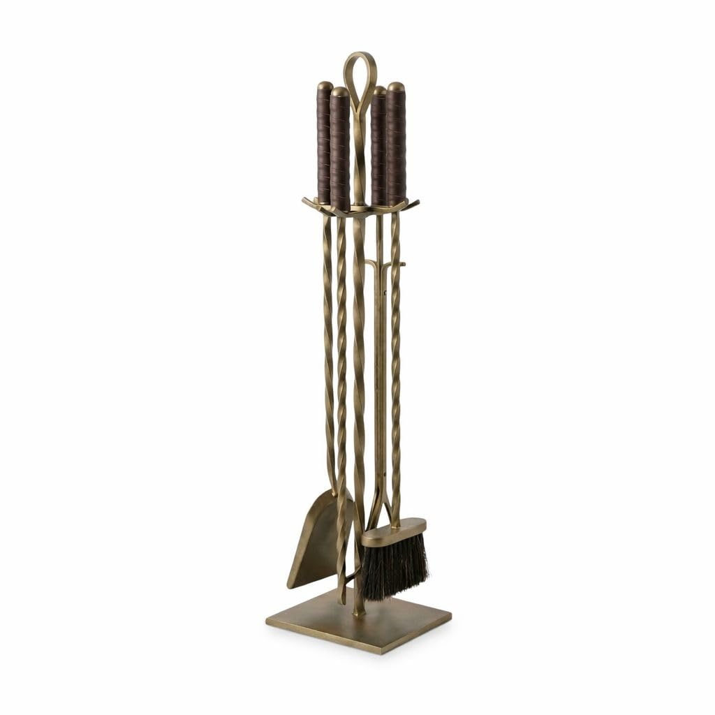 5-Piece Wrought Iron Fireplace Tool Set with Leather Handles