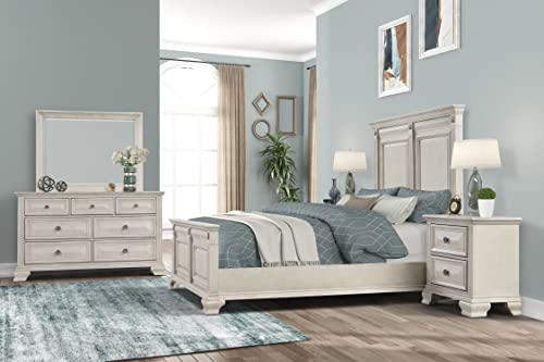 Roundhill Furniture Renova Distressed Parchment Wood Bedroom Set, Queen Panel Bed, Dresser, Mirror, Nightstand, Chest