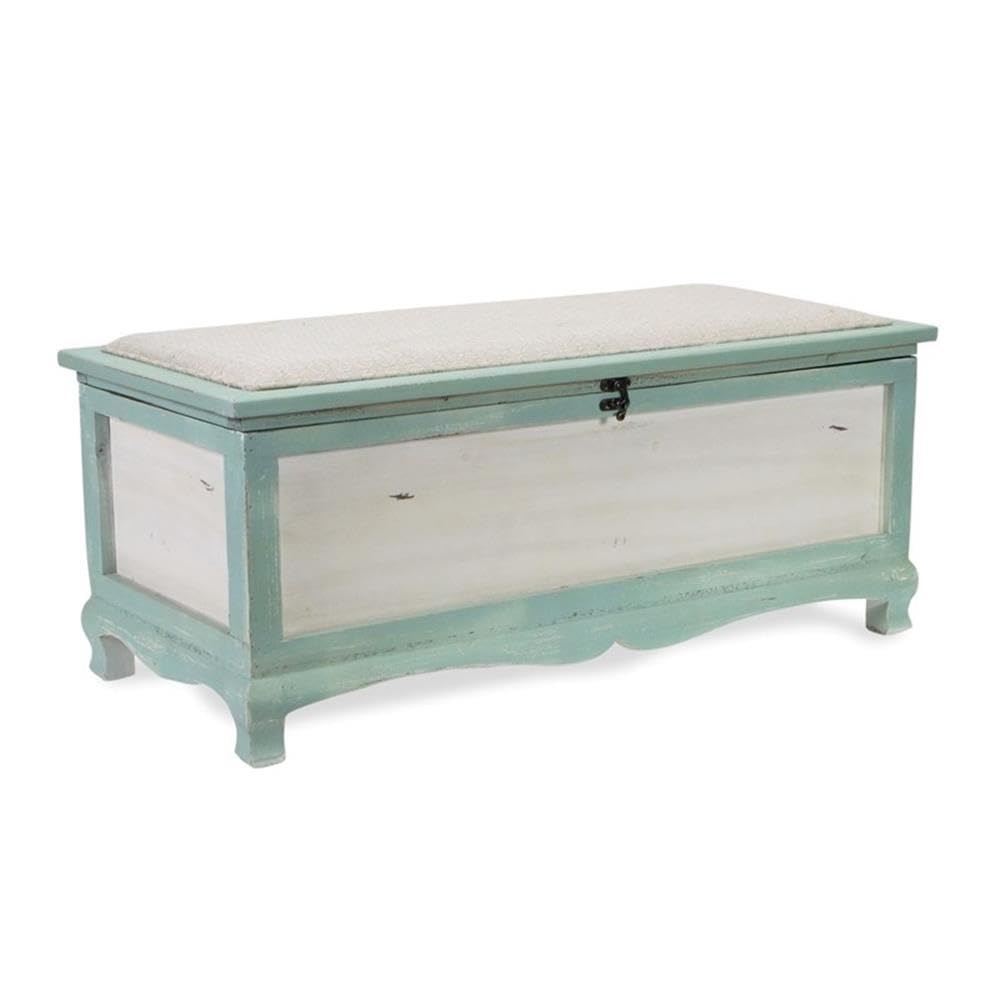 Pemberly Row Shabby-Chic Wood Bench Chest, Seafoam Green & Off White Finish, Cushioned Seat with Hinged Lift-Up Storage, Handcrafted Bedroom or Entryway Seating Organizer, Fully Assembled