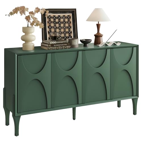 SZTHHDF 59" Sideboard Buffet Cabinet with Storage, Mid-Century Modern Storage Cabinet Accent Buffet Sideboard with Adjustable Shelves & Solid Wood Legs Large Credenza for Living Room (Green)