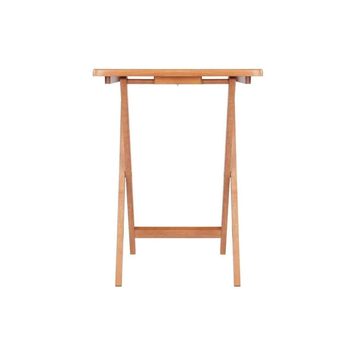 HomeStock 5-Piece Snack Table Set with Double Drop-Leaf Storage Table, 4 Folding Snack Tables, Grooved Slots, Solid Wood Design, and Rolling Casters Teak