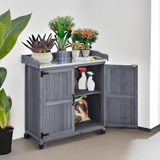 Rolling Garden Potting Bench with Metal Top & Storage