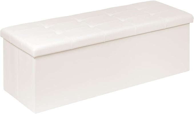 Folding Storage Ottoman Bench with Faux Leather Upholstery