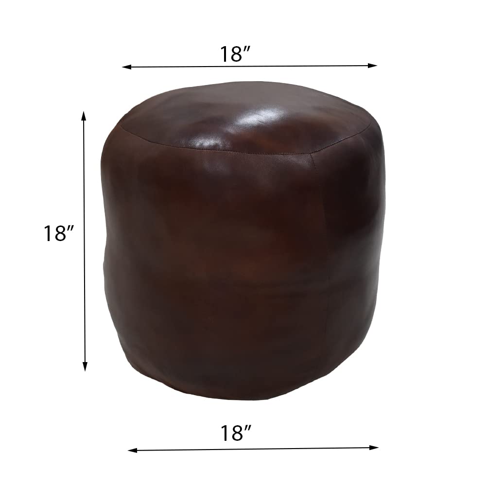 Round Brown Leather Pouf