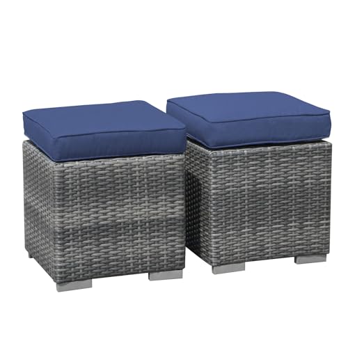 Outdoor Wicker Ottoman Set of 2 with Cushions