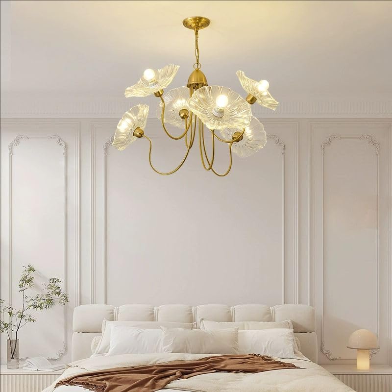 APLampara 33.4" Modern Floral Glass Chandelier, 6-Light Extra Large Ceiling Light Fixture with Clear Flower Shades, Brass Gold Accents for Living Room, Bedroom, Dining Room