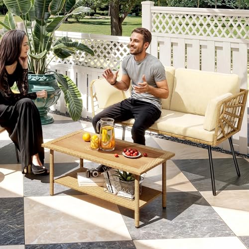 Wicker Rattan Patio Loveseat Set with Cushions & Side Table