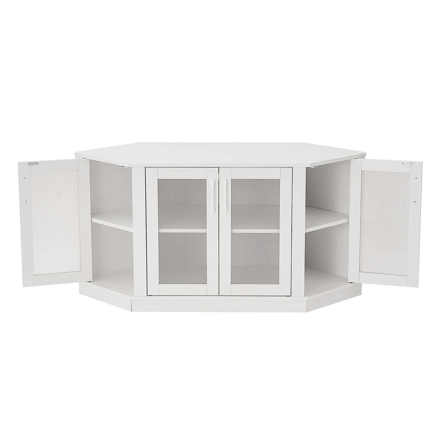 Panana Corner TV Stand - 47 Inch Media Console with 4 Doors and Shelves, Living Room Storage for TVs up to 51 Inch (White)