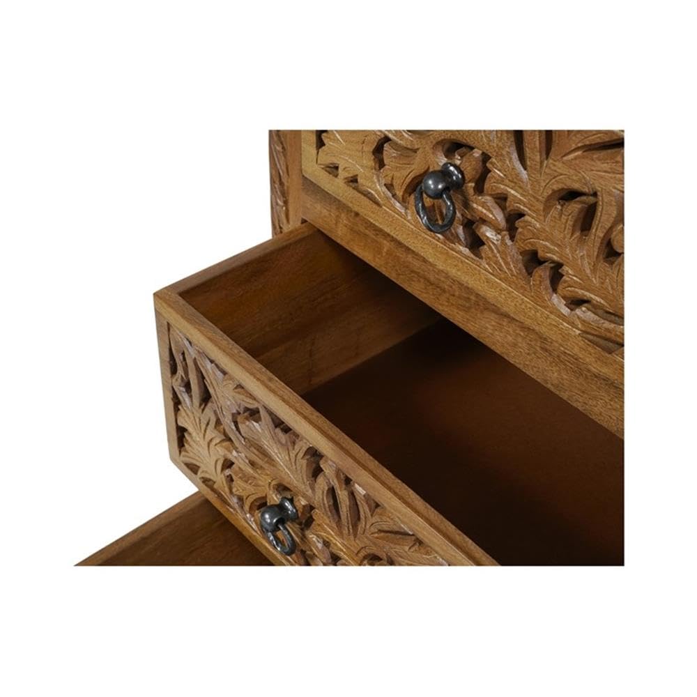 Pemberly Row Solid Mango Wood 6-Drawer Tall Chest, 54 Inch, Brown Finish, Floral Carved Accents, Space-Saving Vertical Design for Bedroom Storage, Fully Assembled