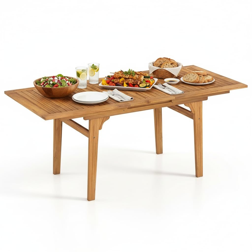 Tangkula 55"-71" Acacia Wood Extendable Patio Dining Table for 6-8 People