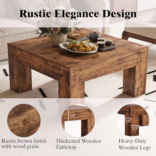 Square Coffee Table with Thick Base – Rustic Brown