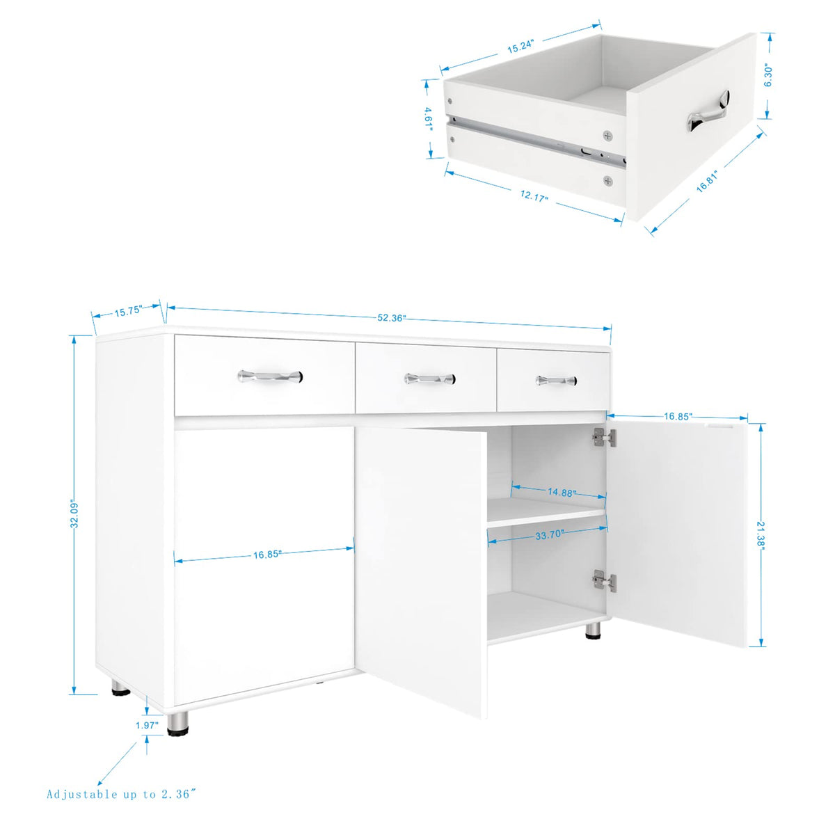 GLCHQ Storage Drawer File Cabinet Side Cabinet Entryway Console Side Tables with Three Drawers and Three Doors for Office or Kitchen Room (Three Doors, White)