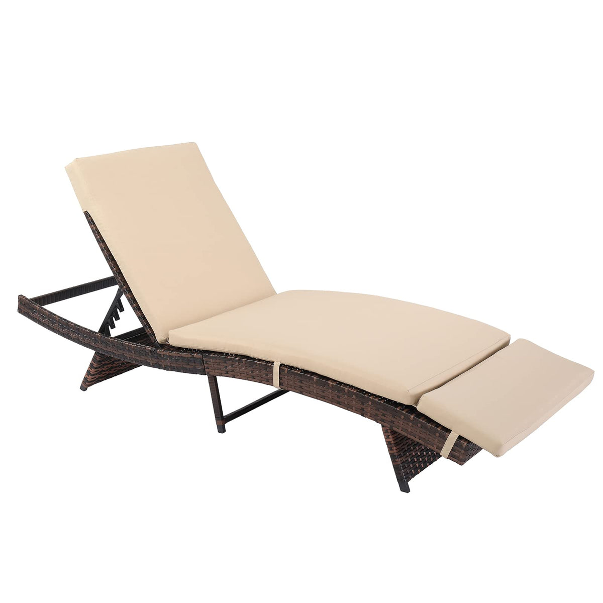 VINGLI Adjustable Patio Wicker Chaise Lounge Outdoor, Rattan Outdoor Lounge Chair, All Weather Patio Chaise Lounge with Adjustable Backrest and Soft Cushions (Brown)