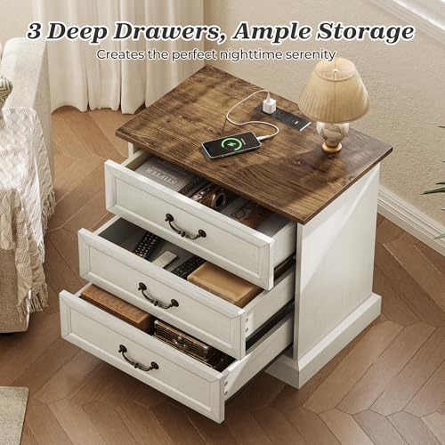 Farmhouse Nightstand with Charging Station & 3 Drawers