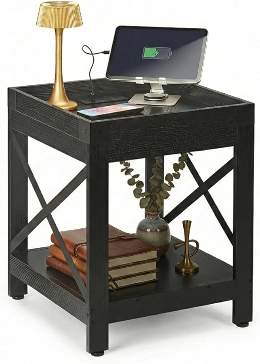 Farmhouse Square Side Table with Storage Shelf