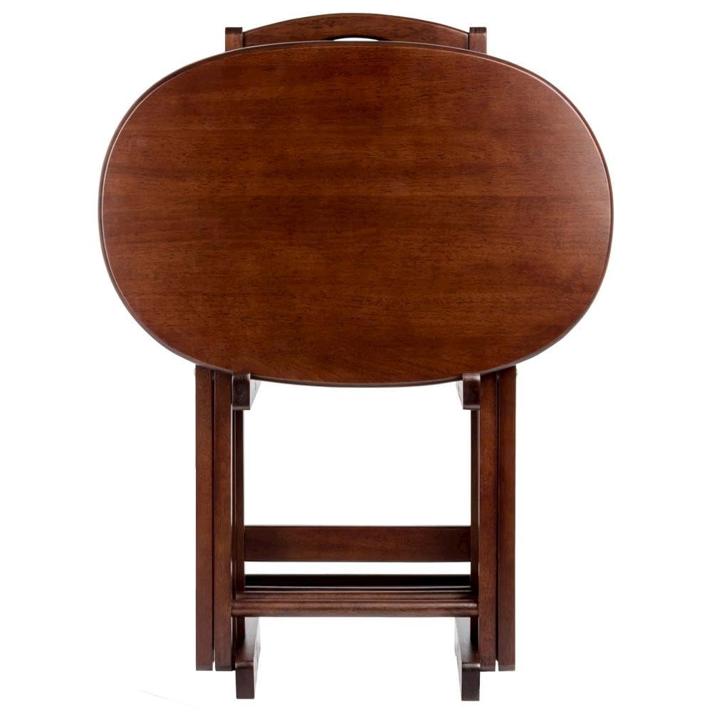 Furnifact Solid Wood Brown 5 Piece TV Trays Set Includes 4 Small Folding Tables with Oval Tops and Storage Stand, Ideal TV Tables for Eating Or Dinner Tray Table