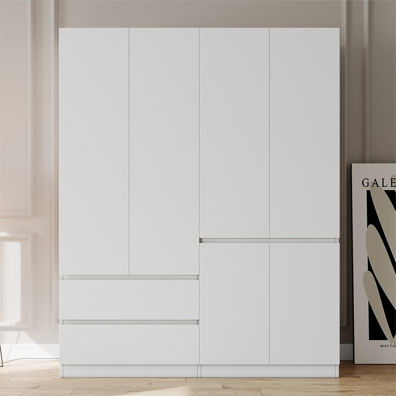 4-Door Wardrobe Armoire with Drawers & Hanging Rod