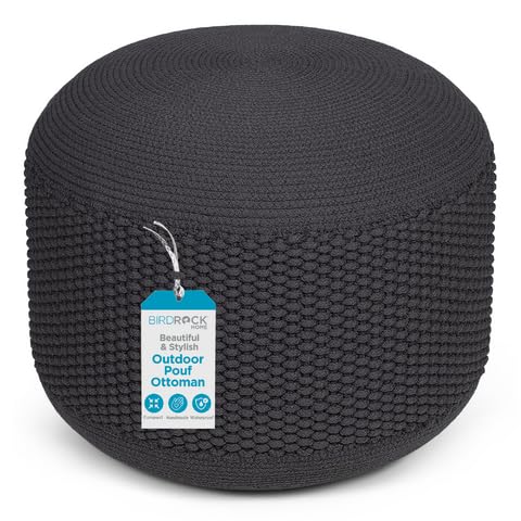 BIRDROCK HOME Outdoor Pouf Ottoman | Hand Woven Waterproof Foot Stool with Bead Bag Filling | Boho Foot Rest for Patio, Living Room, Porch & Outdoor Seating | Lightweight, Soft Stuffed Chair | Grey