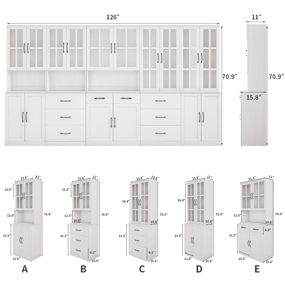 VOWNER Bookcase with Glass Doors, 5-Tier Modern Bookshelf with Large Drawer, Glass Display Cabinet with Large Storage Shelf, Combination Storage Cabinet for Home Office, ABCDE (White)