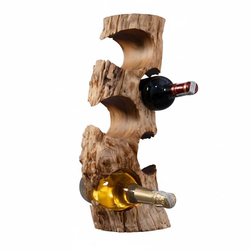 MIDUSO Solid Natural Vitex Pubescens Vahl Wood Wine Rack with Anti-Slip Pads – Rustic Single-Piece Freestanding Countertop Wine Holder – Securely Holds 5 Bottles Without Sliding – 20" x 9" x 7"