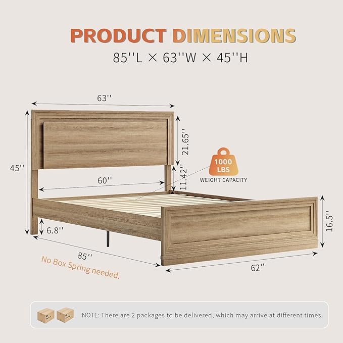Cherytika Bed Frame and Nightstand Set, Queen Wood Bed Frame with LED Headboard and 2 Bedside Tables, 3 Pieces Bedroom Furniture Set, Classic Modern (Natural Wood)