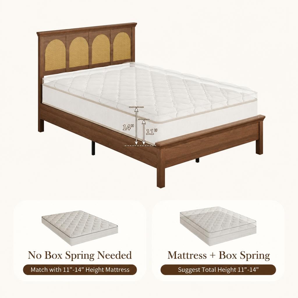 IDEALHOUSE Full Boho Rattan Bed Frame with Headboard and Wooden Platform