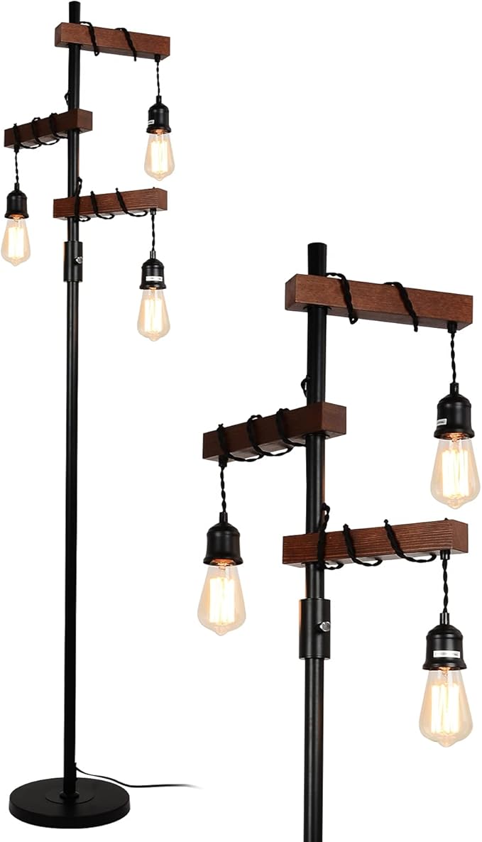 3-Head Wood Floor Lamp with Dimmable Switch