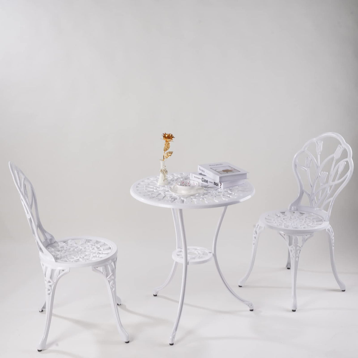 KAILI Patio Bistro Sets 3 Piece cast Aluminum Patio Furniture Outdoor Garden Metal Rust Proof Tables and Chairs White bisrto Set (Tulips-White)