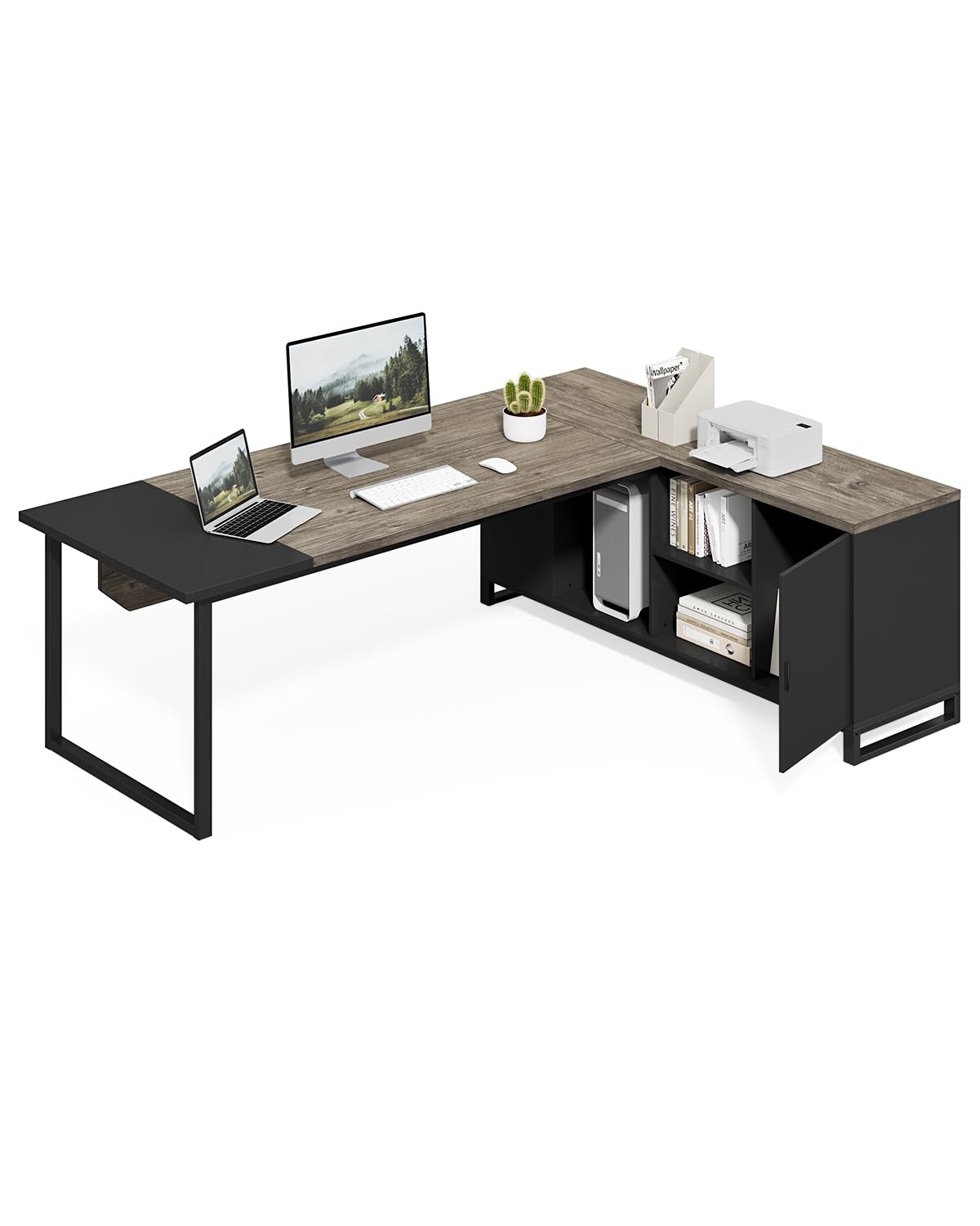L-Shaped Executive Desk with File Cabinet, 70.8" – Grey & Black