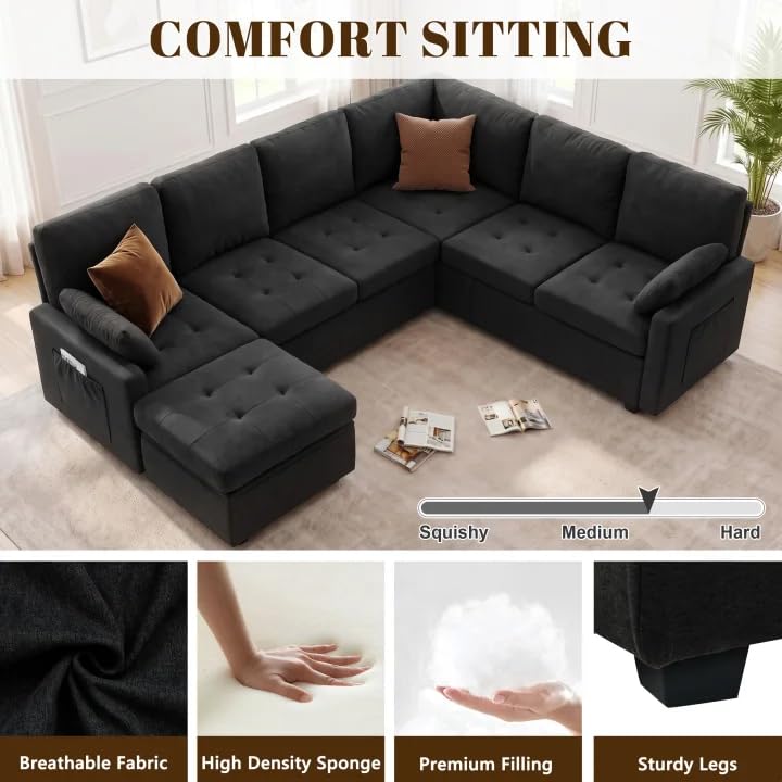 Leitonroom 105" Pull Out Couch with Storage, Sleeper Sofa, 7 Seat U Shaped Sectional Couches for Living Room, Family & Pet Friendly Chenille, Modular Sectional Couch with Removable Covers, Black